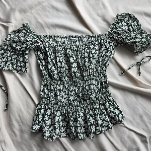 Reformation Smocked Floral Green Crop Top Size Small